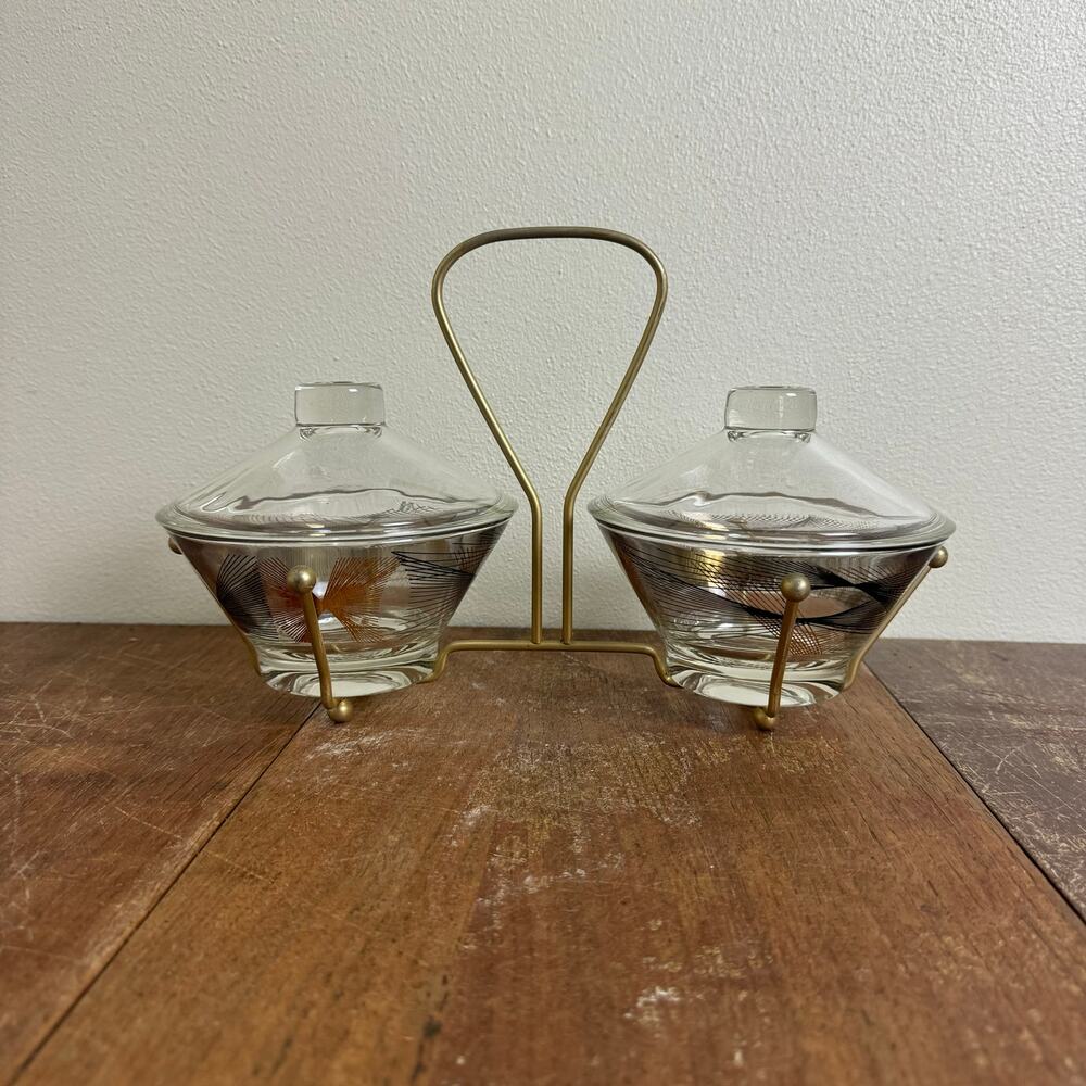 MCM Vintage‎ Retro black gold design glass condiment dishes with metal holder